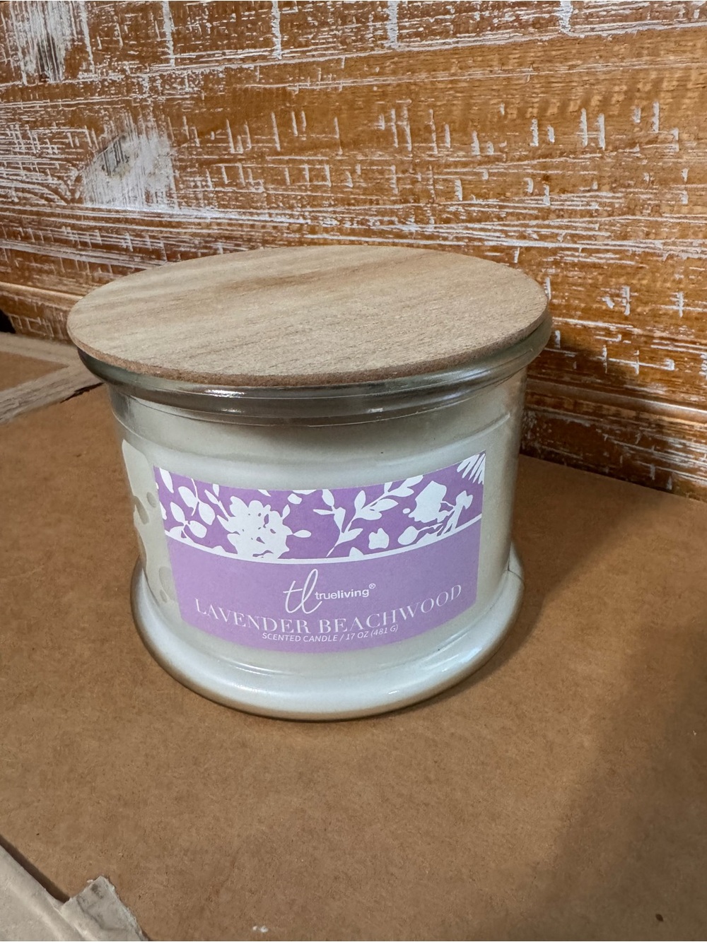 trueliving Lavender Beachwood Scented Candle - White with Lavender Label